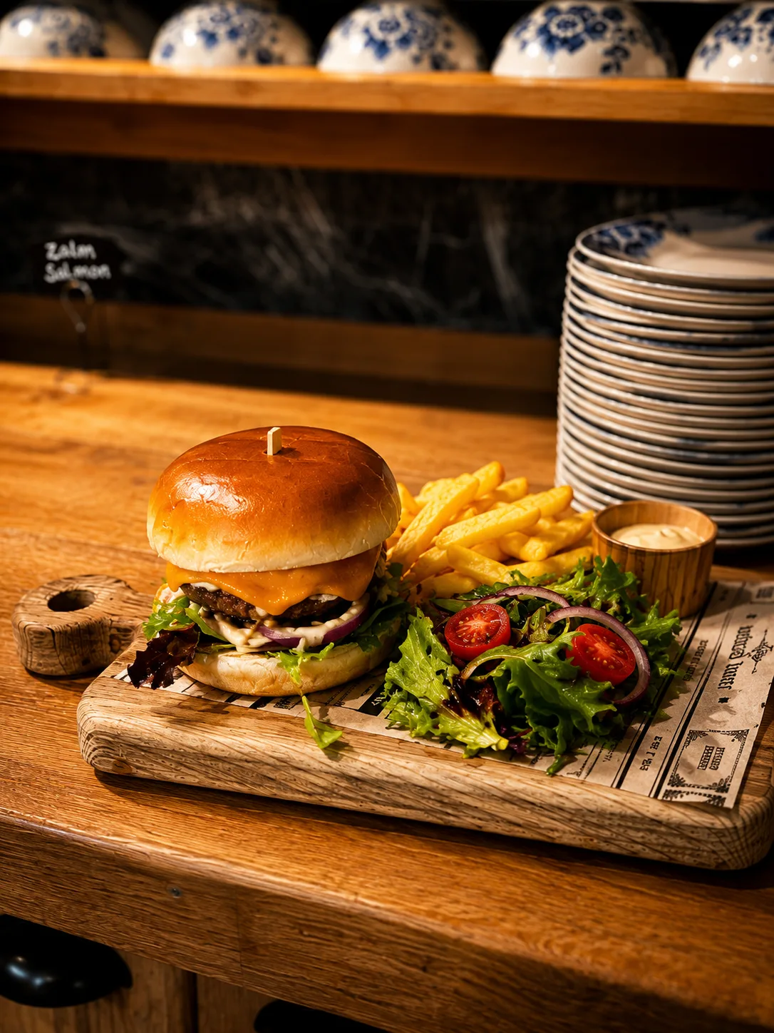 Cheeseburger met friet en frisse salade als lunchgerecht